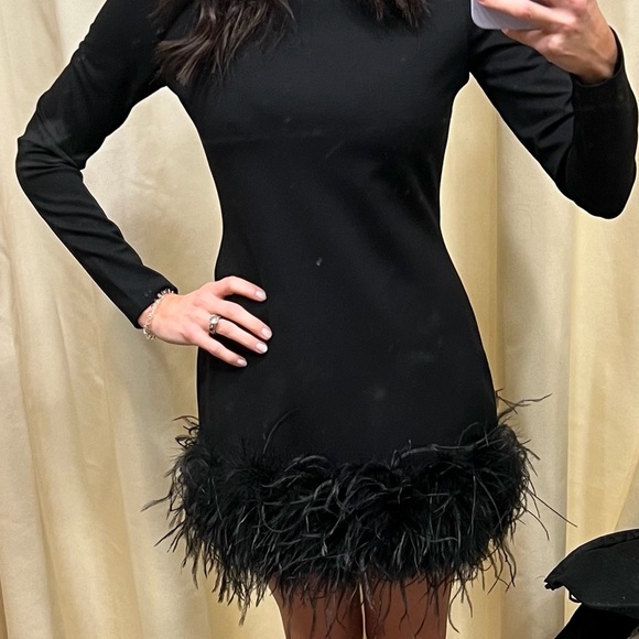 Lamarque Black Long Sleeve Dress with Feather Hem - Picture 2 of 2